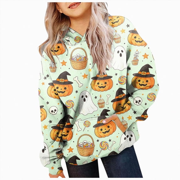 KPOPLK Hoodies for Teen Girls Long Sleeve Cute Halloween Sweatshirts Hooded Graphic Print Sweatshirt Preppy Clothes Fall Winter Khaki,Size 7-8 Years