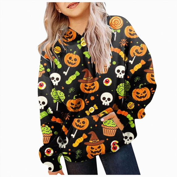 KPOPLK Hoodies for Teen Girls Long Sleeve Cute Halloween Sweatshirts Hooded Graphic Print Sweatshirt Preppy Clothes Fall Winter Yellow,Size 4-5 Years