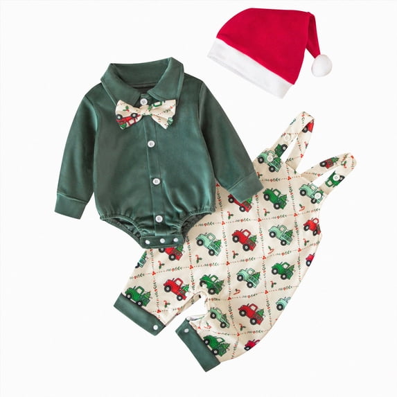 KPOPLK Infant Baby Boy Christmas 3 Piece Outfit Collar Bow Bodysuit Overalls and Santa Hat Holiday Clothing Set,Size 3-6 Months