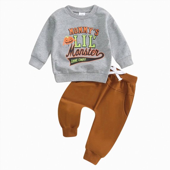 KPOPLK Infant Baby Boy Fall Clothes Set MaMa Little Boy Print Halloween T-Shirt Pant Outfit Toddler Winter 2 Piece Clothing 6 12 18 Months 2T 3T Grey Size 12-18 Months