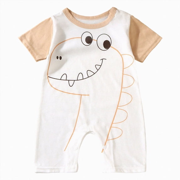 KPOPLK Infant Baby Boy Short Sleeve Romper Jumpsuit Cute Dinosaur Print One Piece Clothes Summer Outfit for Newborn Boys(3-6 Months,Beige)