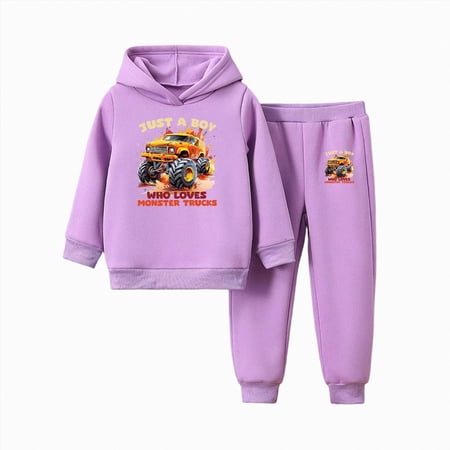 KPOPLK Kid Boy Clothes Truck Printed Long Sleeved Hoodies Sweatshirt + Pants Fall Winter Outfits Set for Boy 2-8Years(5-6 Years,Purple)