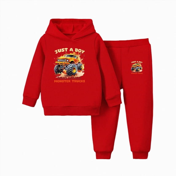 KPOPLK Kid Boy Clothes Truck Printed Long Sleeved Hoodies Sweatshirt + Pants Fall Winter Outfits Set for Boy 2-8Years(7-8 Years,Red)