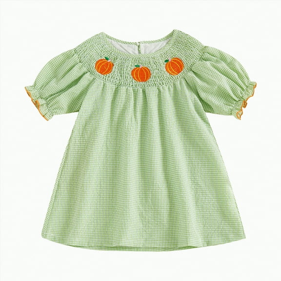KPOPLK Kids Baby Girl Outfit Short Puff Sleeve Plaid Pumpkin Embroidery Smocked Dress Toddler Fall Dress(18-24 Months,A100-AG)