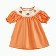 thumbnail image 1 of KPOPLK Kids Baby Girl Outfit Short Puff Sleeve Plaid Pumpkin Embroidery Smocked Dress Toddler Fall Dress(18-24 Months,A103-Orange), 1 of 6