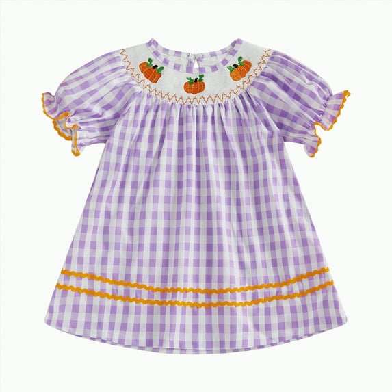 KPOPLK Kids Baby Girl Outfit Short Puff Sleeve Plaid Pumpkin Embroidery Smocked Dress Toddler Fall Dress(3-4 Years,A63-Purple)