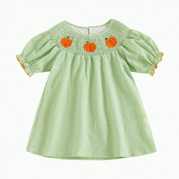 KPOPLK Kids Baby Girl Outfit Short Puff Sleeve Plaid Pumpkin Embroidery Smocked Dress Toddler Fall Dress(4-5 Years,A18-AG)