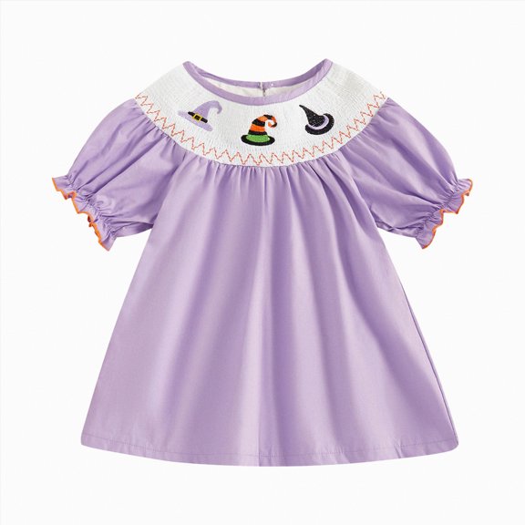 KPOPLK Kids Baby Girl Outfit Short Puff Sleeve Plaid Pumpkin Embroidery Smocked Dress Toddler Fall Dress(4-5 Years,A60-Dark Purple)