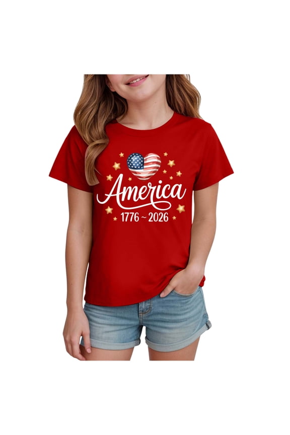 Kids Bald Eagle T-Shirt Patriotic 4th of July Shirt Stars Stripes Graphic Tee Short Sleeve Crew 4-10Y(Red,7-8 Years)