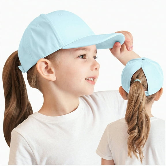 KPOPLK Kids Baseball Hat With Visor and Ponytail Hole - Sun Protection Cotton Beach Hat for Little Girls and Children(2-8 Years,Blue)