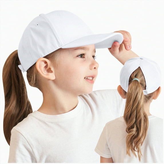 KPOPLK Kids Baseball Hat Visor Little Girl Sun Protection Hat Ponytail Hole Sun Hat Beach Sun Hat for Children(2-8 Years,White)
