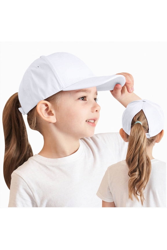 Kids Baseball Hat Visor Little Girl Sun Protection Hat Ponytail Hole Sun Hat Beach Sun Hat for Children(2-8 Years,White)