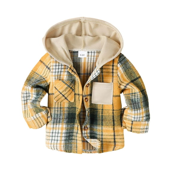 KPOPLK Kids Boys Girls Sherpa Lined Flannel Jacket,Hooded Plaid Snap Shirt,Fall Winter Playwear(12-18 Months,Yellow)