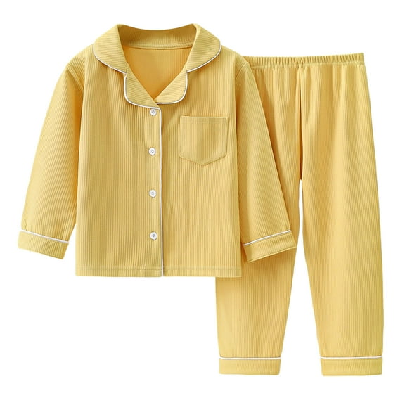 KPOPLK Kids Button-Front Coat Shirt And Pants Pajama Set(6-7 Years,V104-Yellow)