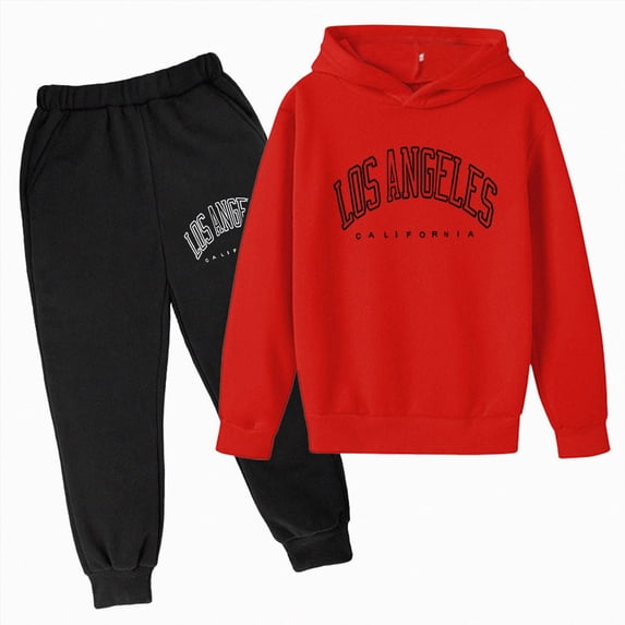 KPOPLK Kids Fall Hoodie Outfit Set Boy Letter Print Long Sleeve Hooded Sweatshirt and Jogger Pant Winter 2Piece 2-12Years(4-5 Years ,Red)