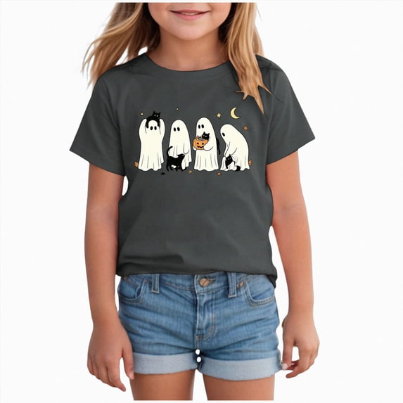 KPOPLK Kids Girl Halloween T Shirt Cute Ghost and Cat Graphic Short Sleeve Crew Neck Tee Top Size 5-6 Years,Grey