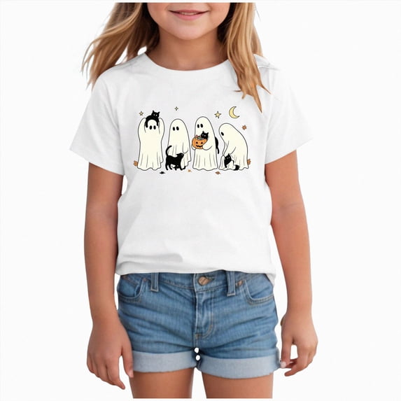 KPOPLK Kids Girl Halloween T Shirt Cute Ghost and Cat Graphic Short Sleeve Crew Neck Tee Top Size 5-6 Years,White