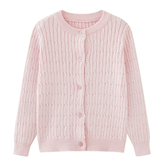 KPOPLK Kids Girls Cable Knit Cardigan Sweater Solid Cotton Button Down Long Sleeve Sweater Uniform Cardigan Outerwear(Pink##B,5-6 Years)