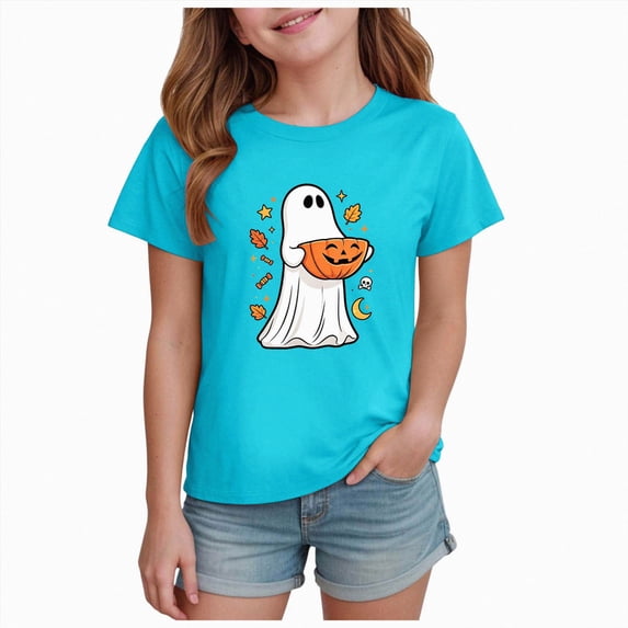 KPOPLK Kids Girls Halloween Shirts T-Shirt Ghost Spooky Season Tops Cute Short Sleeve Tees Clothes,Size 11-12 Years