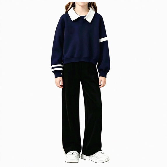 KPOPLK Kids Girls Uniform Outfit for Back to School Long Sleeve Collar Shirt and Loose fit Pant Teen Girls Clothes Set 6-14Years,Size 15-16 Years