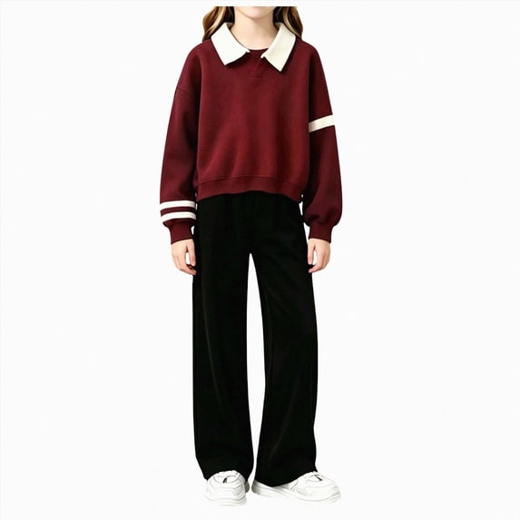 KPOPLK Kids Girls Uniform Outfit for Back to School Long Sleeve Collar Shirt and Loose fit Pant Teen Girls Clothes Set 6-14Years,Size 7-8 Years