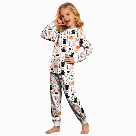 KPOPLK Kids Halloween Ghost Print Pajamas Outfit Girls Sleepwear Sets Kids Pjs Clothes,Size 8-9 Years