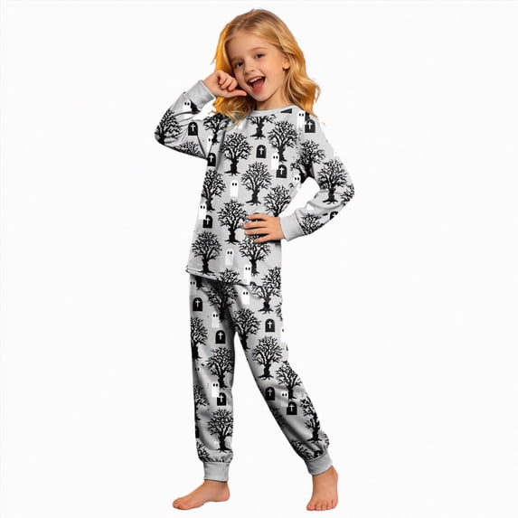 KPOPLK Kids Halloween Ghost Print Pajamas Outfit Girls Sleepwear Sets Kids Pjs Clothes,Size 8-9 Years