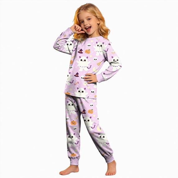 KPOPLK Kids Halloween Pajamas Long-Sleeve PJ Sets for Girls Cozy, Comfy, Funny Kids' Pajama Sets,Size 8-9 Years