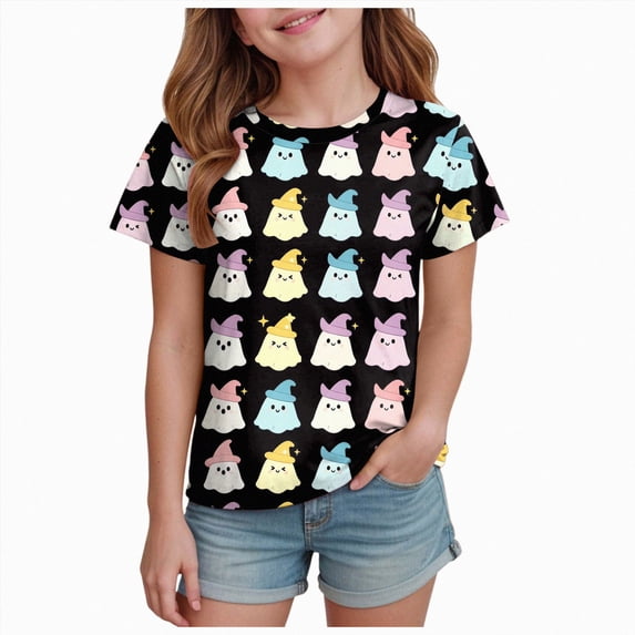 KPOPLK Kids Halloween Shirt Girls Halloween Pumpkin Shirt Cute Ghost Tshirts Fall Pumpkin T-Shirt Spooky Season Tee,Size 12-13 Years