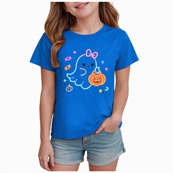 KPOPLK Kids Halloween T-Shirt Toddler Girls Cute Fall Pumpkin Ghost Print Tee Short Sleeve Shirt Size 13-14 Years,Blue