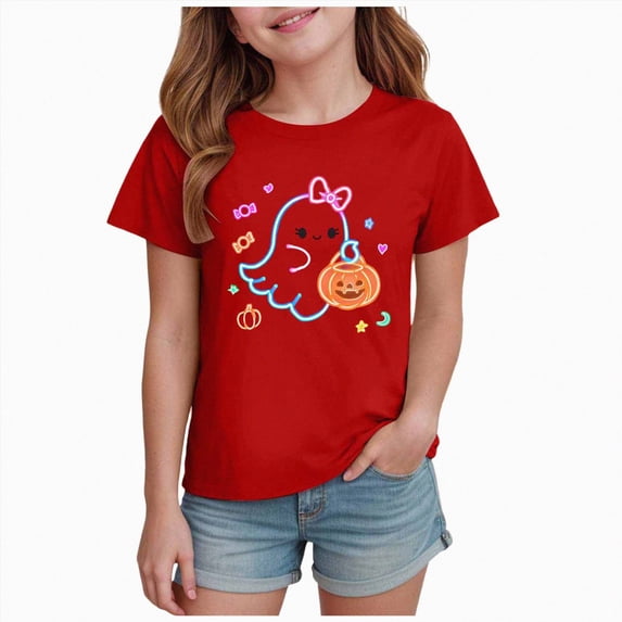 KPOPLK Kids Halloween T-Shirt Toddler Girls Cute Fall Pumpkin Ghost Print Tee Short Sleeve Shirt Size 2-3 Years,Red