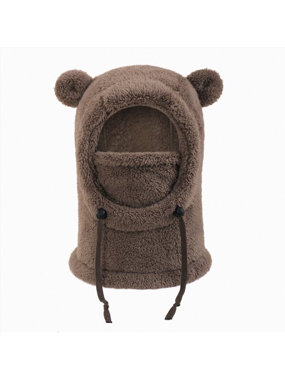 Kids Knit Ear Flap Winter Hat Pom‑pom Windproof Warm Beanie with Chin Strings for Toddler Boys Girls Outdoor(3-10 Years,Coffee)