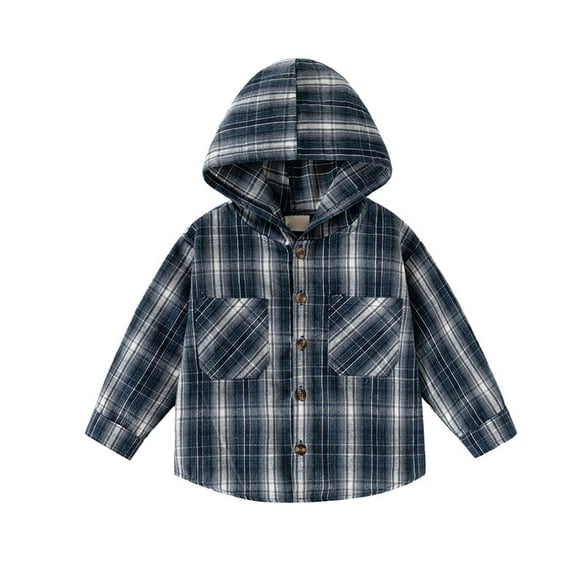 KPOPLK Kids Little Boys Girls Baby Long Sleeve Button Down Hooded Plaid Shirt Plaid Flannel Outfits(3-4 Years,Navy)