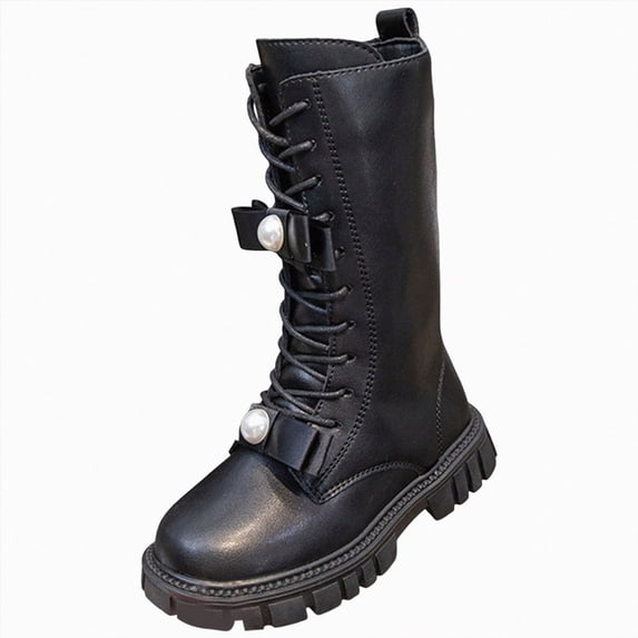 KPOPLK Kids Matte Knee High Combat Boots Girls Bow Lace Up Non-Slip Lug Sole Boots Casual Fashion Boots(13,Black)