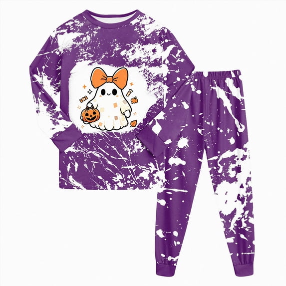 KPOPLK Kids Pajamas for Girls Skeleton Glow-in-The-Dark Cotton Sleepwear Toddler Clothes Halloween Pumpkin Outfit Set Size 6-7 Years