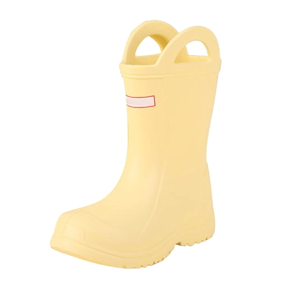 KPOPLK Kids Rain Boots Waterproof Lightweight Toddler Boys Girls Easy-On Rubber Shoes with Pull Handles Non-Slip Sole Cute Print(Yellow,3.5)
