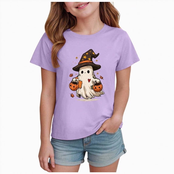 KPOPLK Kids Spooky Season Fall Tops Girls Halloween Ghost Short Sleeve Shirt Kids Girls Fall Halloween T-Shirts Size 1-2 Years,Purple