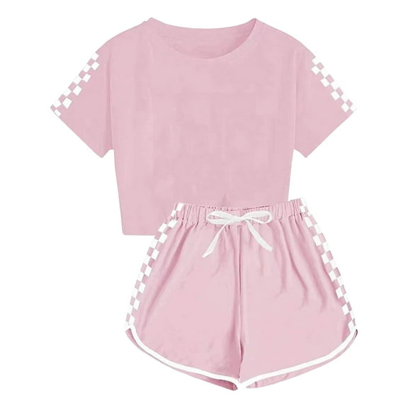 KPOPLK Kids Summer Sport T Shirt and Shorts Set Plaid Print Clothing Sets Tracksuit(Pink_1,7-8 Years)