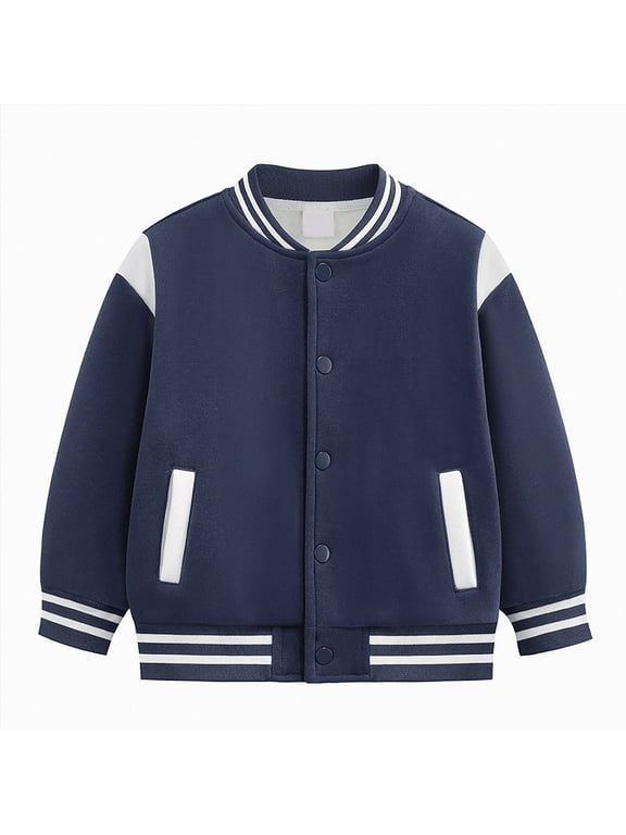 Kids Varsity Jacket Boys Baseball Jacket Bomber Coat School Uniform with Pocket Back to School1-16 Years Size 11-12 Years,Dark Blue