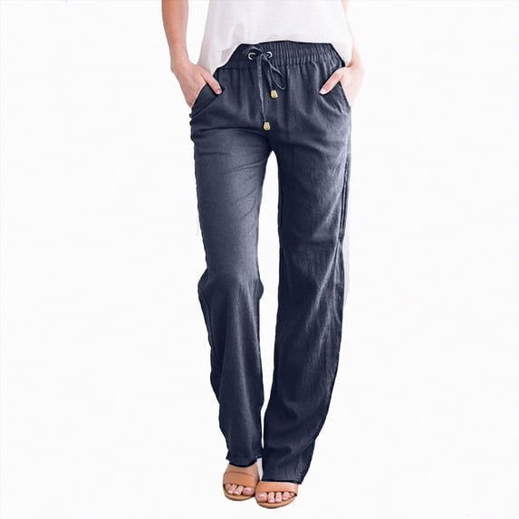 KPOPLK Linen Cargo Pants Tall Women Wide Leg Casual Palazzo Pant White Summer Baggy Flowy Vacation Pants with Pockets Size XXL,Navy