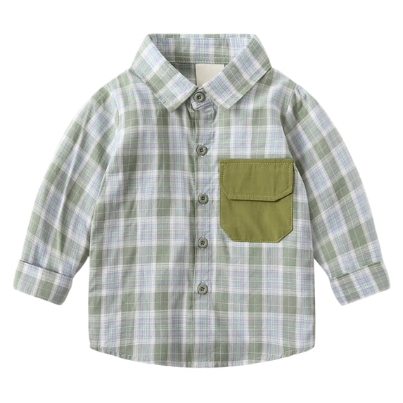 KPOPLK Little Big Boys Shirt Long Sleeve Flannel Plaid T-Shirt Cotton Button Down Linen Design Top(2-3 Years,Green)