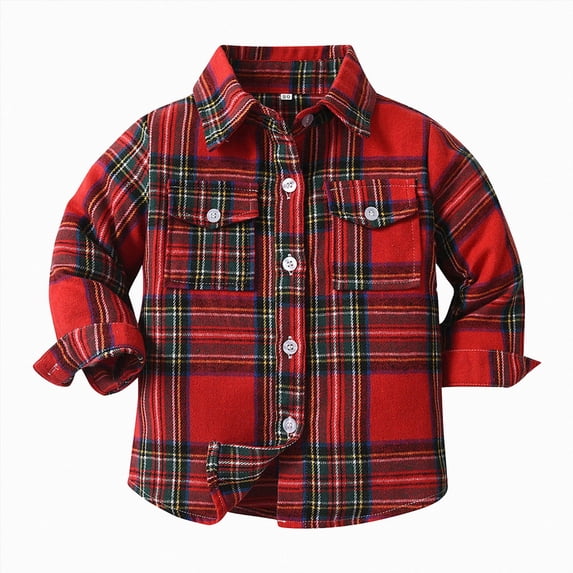KPOPLK Little Boy Heavyweight Washed Flannel Shirt Long Sleeve Button Down Shacket T-Shirt Fall Casual Clothes Size 7-8 Years,Red