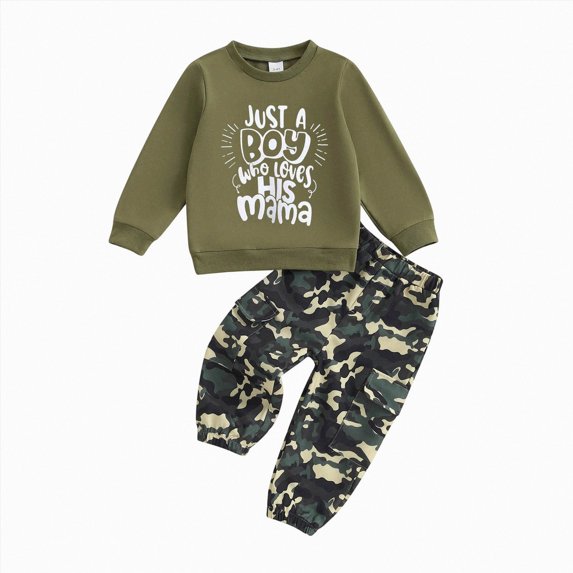 KPOPLK Little Boys Casual Outfit Sets Kids Long Sleeve Letter Printed Tee Tops Long Camo Pants 2 Piece Fall Tracksuit Clothing Sets Green Size 18-24 Months