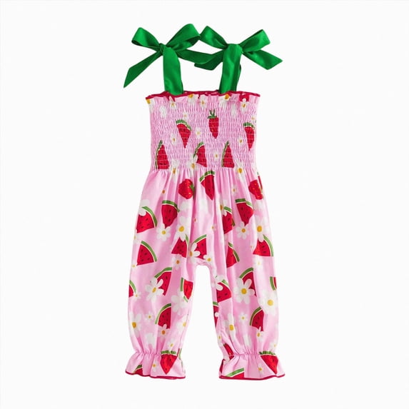 KPOPLK Little Girls Bow Strap Jumpsuit Overalls Floral Print Smocked Sleeveless Long Romper Onesie with Ruffle Hem 3-18Months,Size 9-12 Months