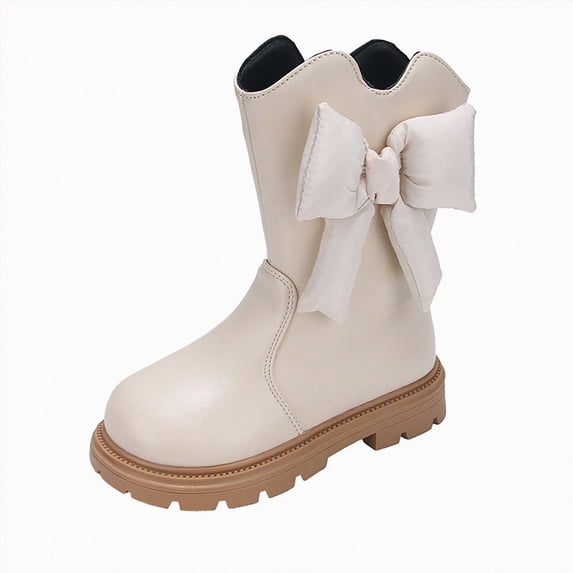 KPOPLK Little Girls Short Fashion Boots Side Zipper Bow Thick Non-Slip Sole Boots Princess Dress Boots for Party Daily Wear(11,Beige)