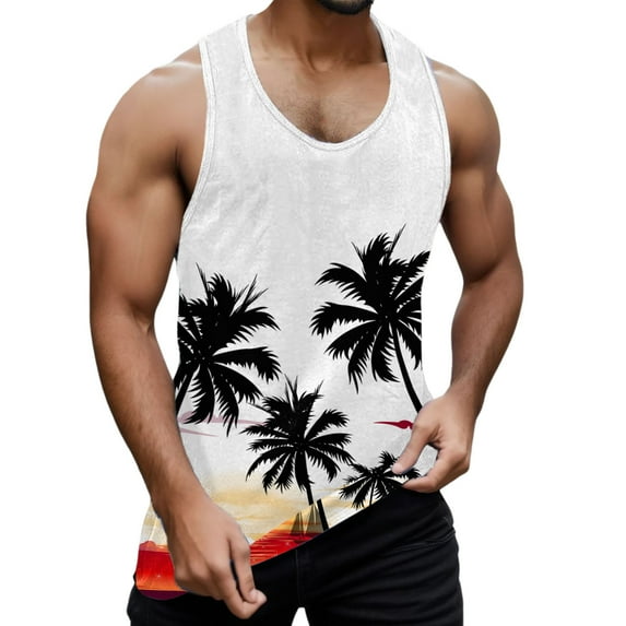 KPOPLK Male Summer Beach Hawaii Tree Printed Tank Tops I Shaped Round Neck Sleeveless Vest Blouse XL White