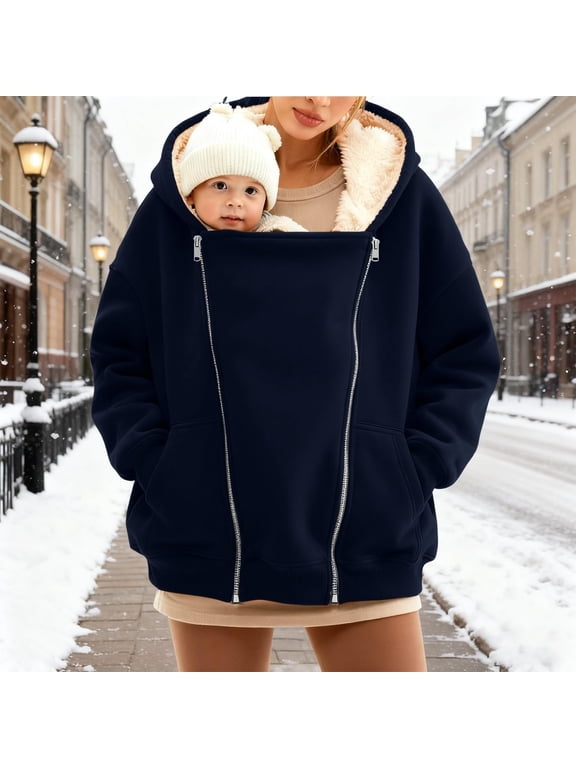 Maternity Baby Wearing Jacket, Women's 2-in-1 Winter Coat with Kangaroo Pocket, Heavyweight Fleece Zip Up Front for Mother and Infant Size M