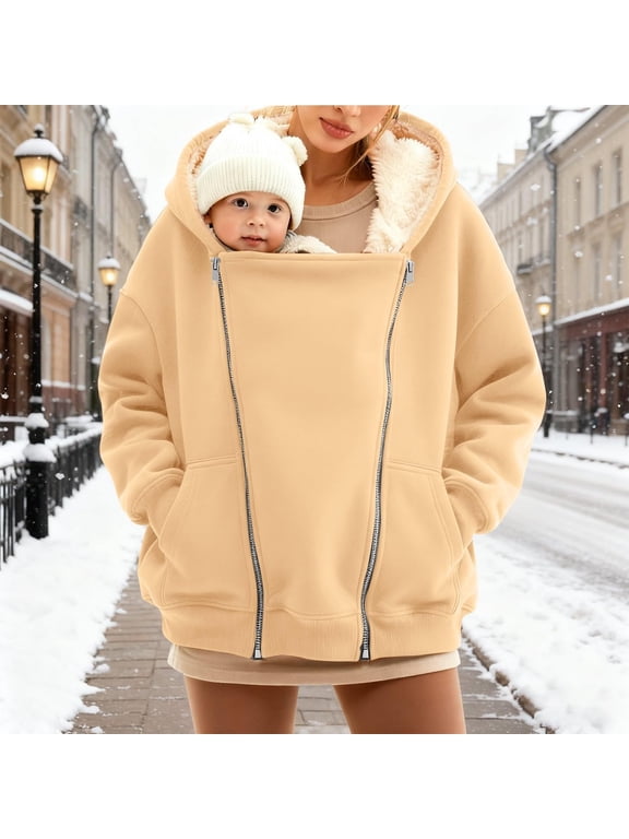 Maternity Baby Wearing Jacket, Women's 2-in-1 Winter Coat with Kangaroo Pocket, Heavyweight Fleece Zip Up Front for Mother and Infant Size XXL