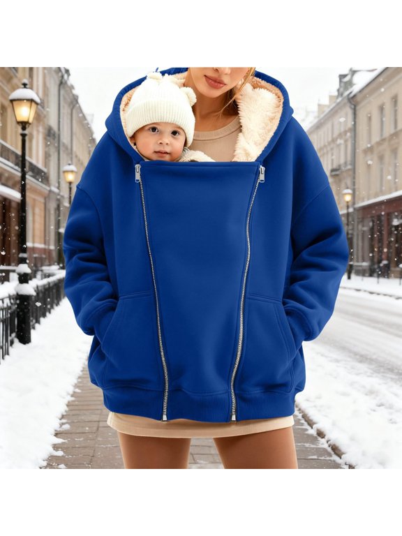Maternity Baby Wearing Jacket, Women's 2-in-1 Winter Coat with Kangaroo Pocket, Heavyweight Fleece Zip Up Front for Mother and Infant Size XXL