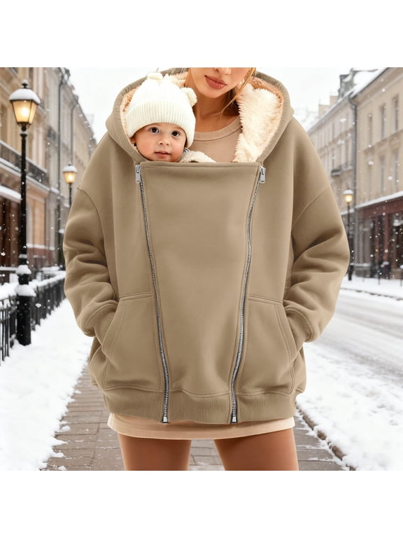 Maternity Baby Wearing Jacket, Women's 2-in-1 Winter Coat with Kangaroo Pocket, Heavyweight Fleece Zip Up Front for Mother and Infant Size XXL